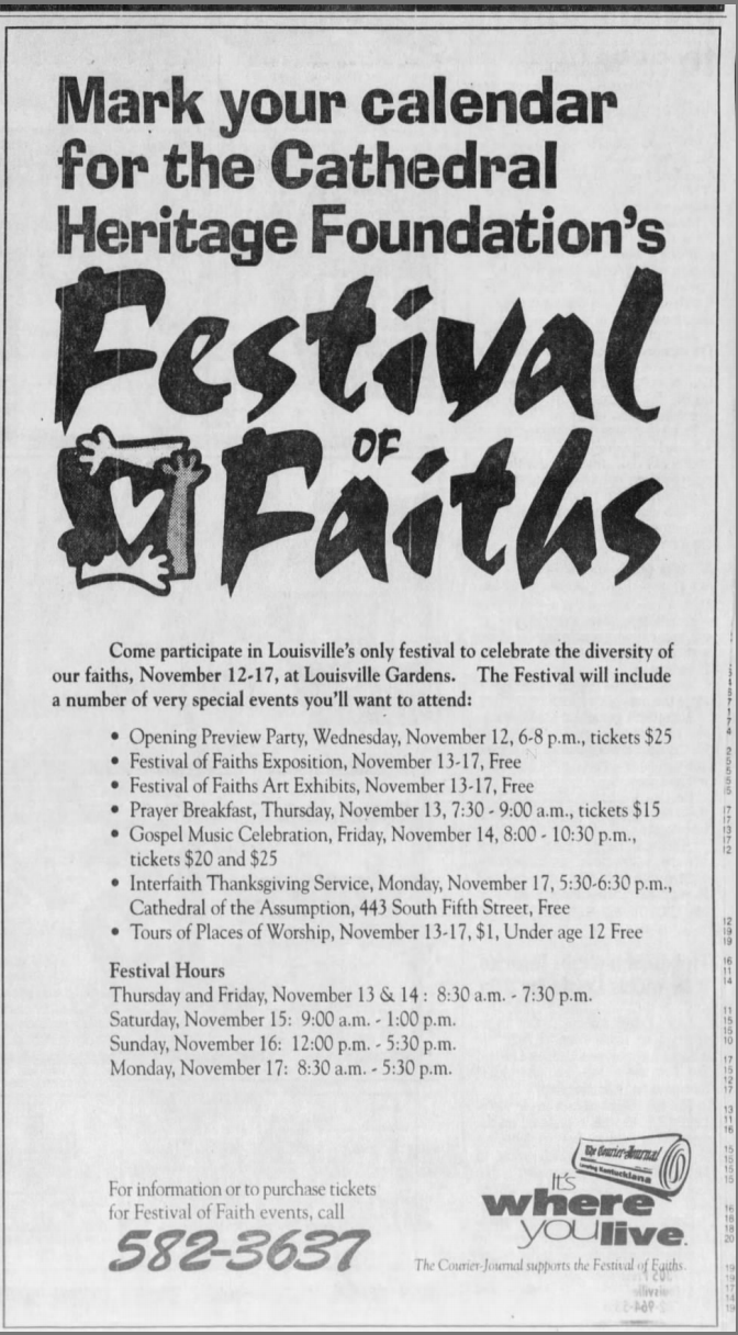 Festival of Faiths Advertisement in The Courier-Journal, 13 Nov. 1997, p. 16.