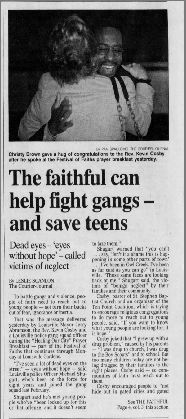 Scanlon, Leslie. “The Faithful Can Help Fight Gangs - And Save Teens” The Courier-Journal, 14 Nov. 1997, p. 16.