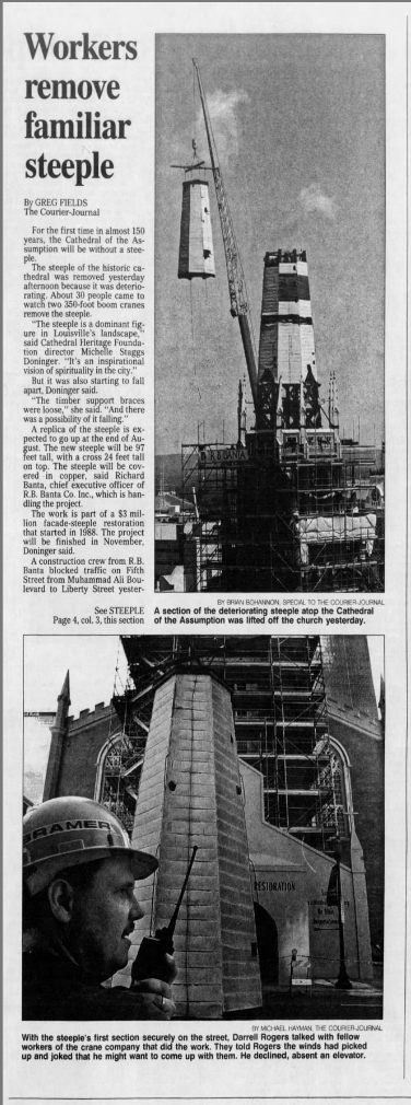 Fields, Greg. “Workers Remove Familiar Steeple.” The Courier-Journal, 14 Jun. 1998, p. 17.