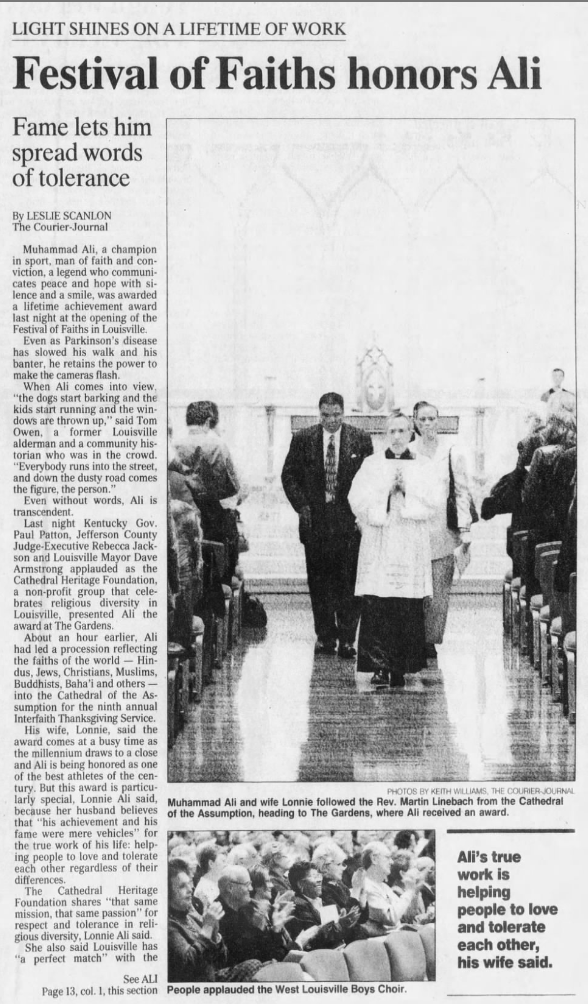 Scanlon, Leslie. “Festival of Faiths Honors Ali.” The Courier-Journal, 18 Nov. 1999, p. 1.