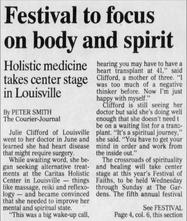 Smith, Peter. “Festival to Focus on Body & Spirit.” The Courier-Journal, 13 Nov. 2000, p. 1.