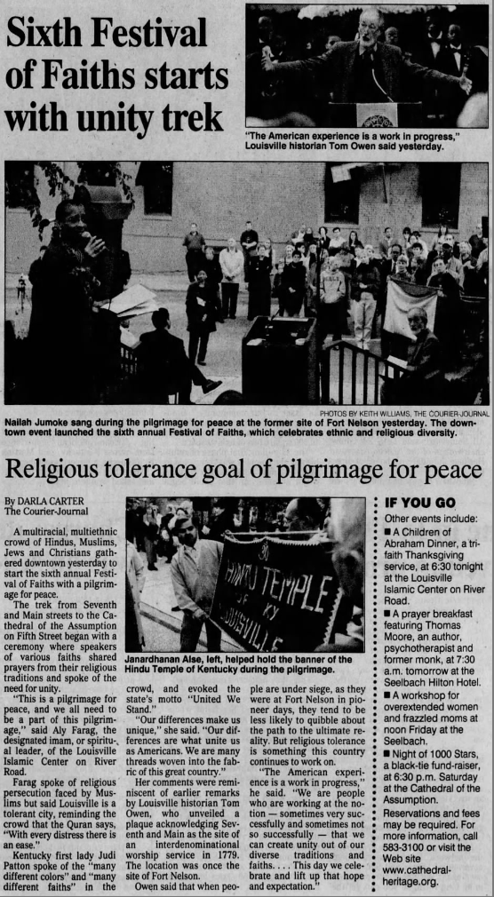 Carter, Darla. “Sixth Festival of Faiths Starts With Unity Trek.” The Courier-Journal, 14 Nov. 2001, p. 17.