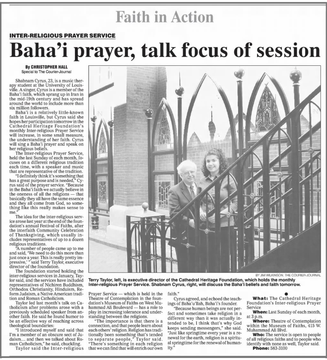 Hall, Christopher. “Baha'i Prayer, Talk Focus of Session.” The Courier-Journal, 23 Sept. 2003, p. B2.