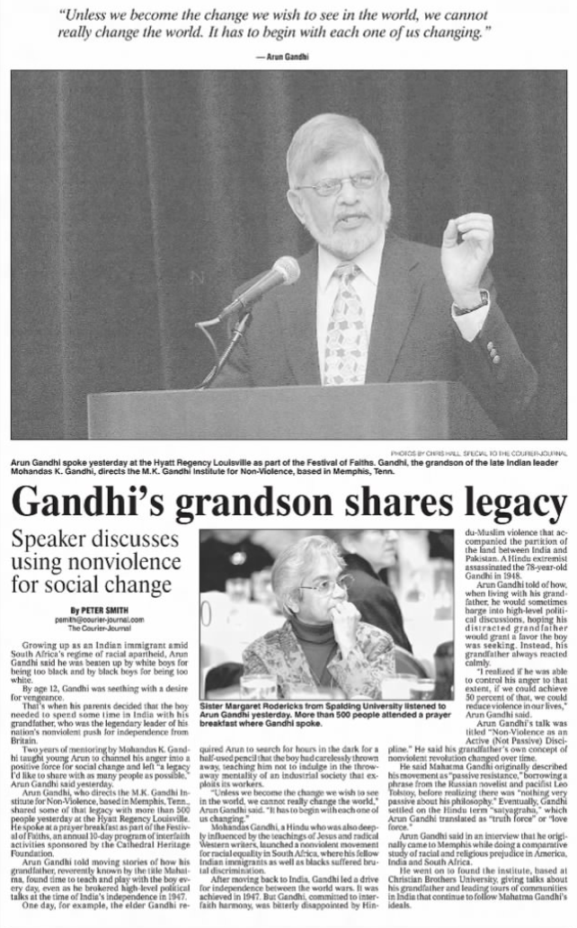 Smith, Peter. “Gandhi's Grandson Shares Legacy.” The Courier-Journal, 14 Nov. 2003, p. B2.