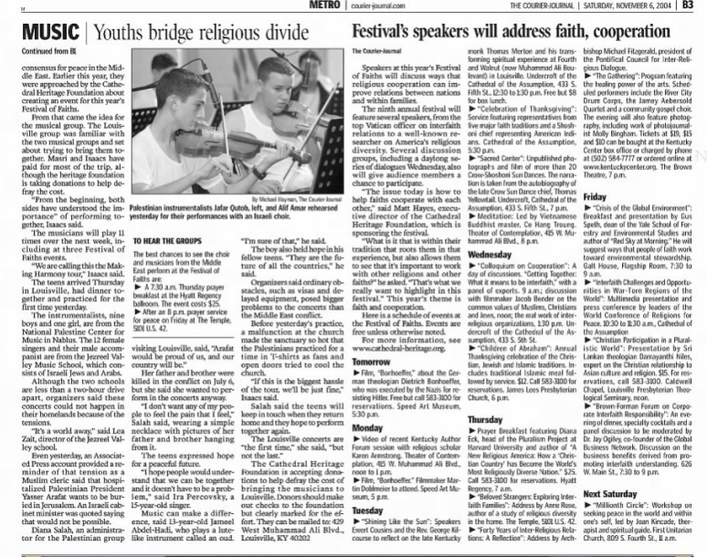 Smith, Peter. “3 Faiths Build Bridges.” The Courier-Journal, 11 Nov. 1999, p. B1.