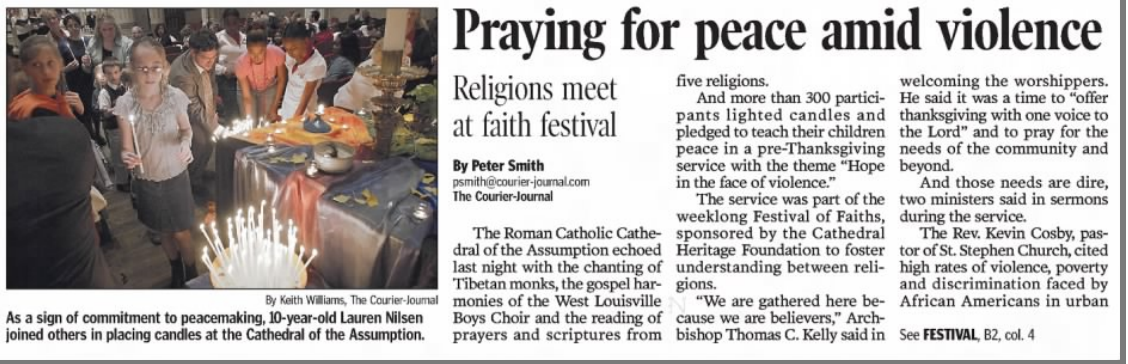Screen Shot 2019-08-27 at 4.49.58 PM Smith, Peter. “Praying for Peace Amid Violence.” The Courier-Journal, 9 Nov. 2005, p. B1.