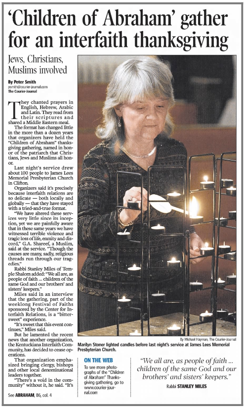 Screen Shot 2019-09-02 at 4.38.03 PM Smith, Peter. “'Children of Abraham' Gather for an Interfaith Thanksgiving.” The Courier-Journal, 8 Nov. 2007, p. B1.