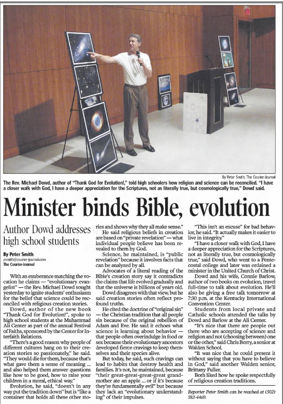 Smith, Peter. “Minister Binds Bible, Evolution.” The Courier-Journal, 7 Nov. 2007, p. B3.