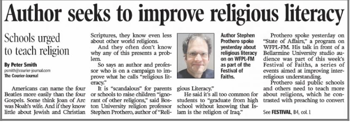 Smith, Peter. “Author Seeks to Improve Religious Literacy.” The Courier-Journal, 13 Nov. 2008, p. B1.