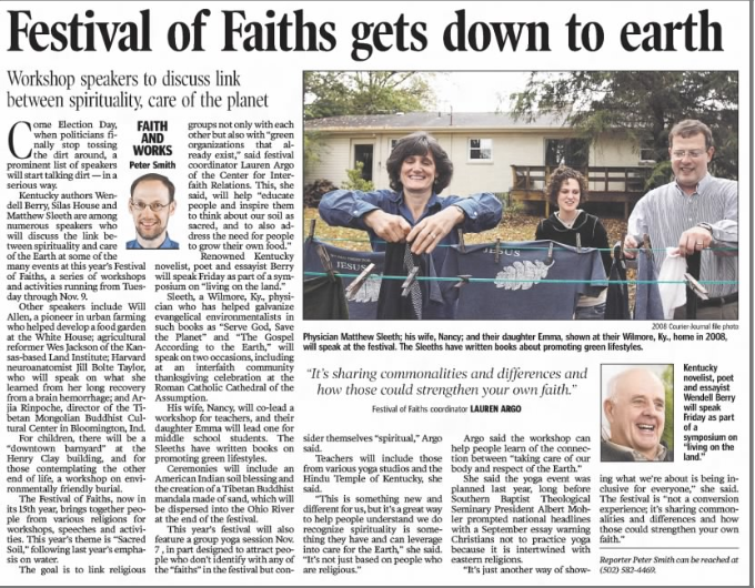 Smith, Peter. “Festival of Faiths Gets Down to Earth.” The Courier-Journal, 30 Oct. 2010, p. B3.